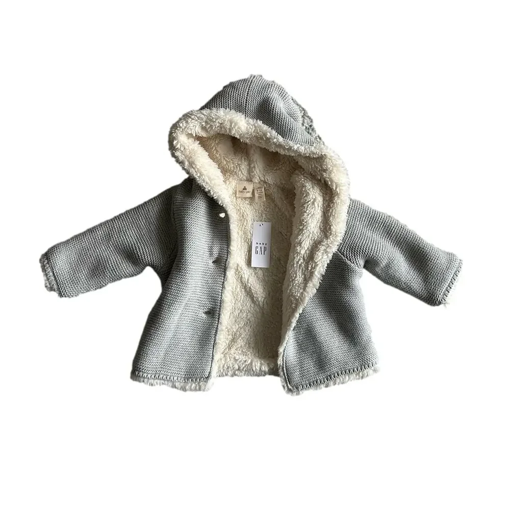 NWT Baby Gap Grey Cotton Sherpa Hooded Jacket size 6-12 months - Picture 1 of 13